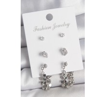 Pirinç Gümüş Renk Zirkon Taşlı Pullu Sallantılı Model 3 Çift Kadın Küpe Seti - TJ-BKP10596