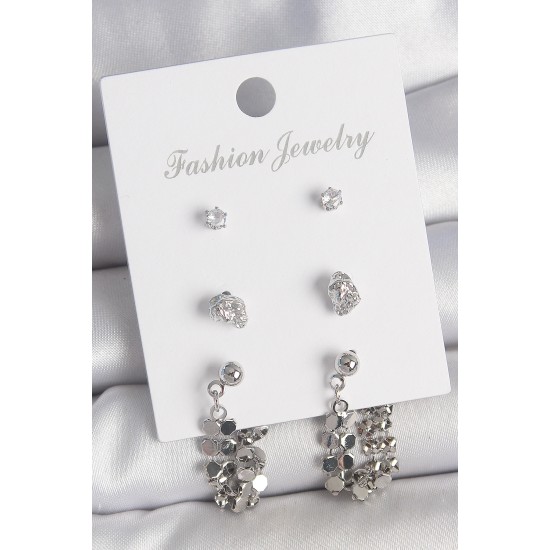 Pirinç Gümüş Renk Zirkon Taşlı Pullu Sallantılı Model 3 Çift Kadın Küpe Seti - TJ-BKP10596