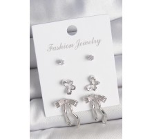 Pirinç Gümüş Renk Zirkon Taşlı Fiyonk Model Kelebek Detay 3 Çift Kadın Küpe - TJ-BKP10597