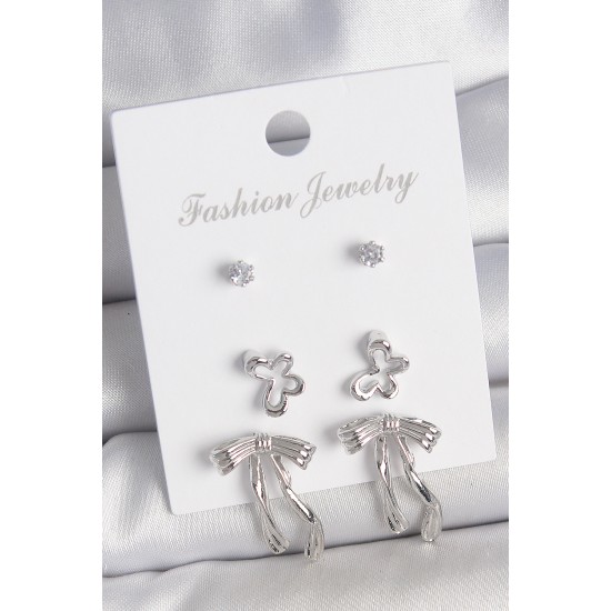 Pirinç Gümüş Renk Zirkon Taşlı Fiyonk Model Kelebek Detay 3 Çift Kadın Küpe - TJ-BKP10597