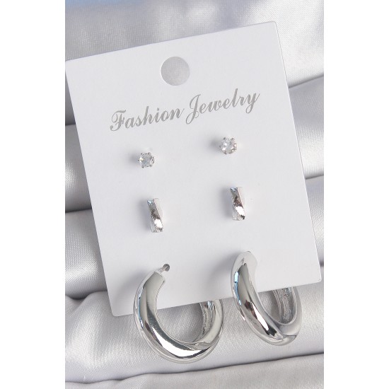 Pirinç Gümüş Renk Zirkon Taş Detay Halka Model 3 Çift Kadın Küpe Seti - TJ-BKP10598