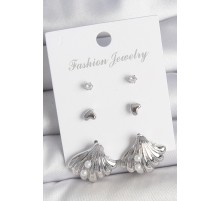 Pirinç Gümüş Renk Zirkon Taş Detaylı İnci Detaylı Deniz Kabuğu Model 3 Çift Kadın Küpe - TJ-BKP10599