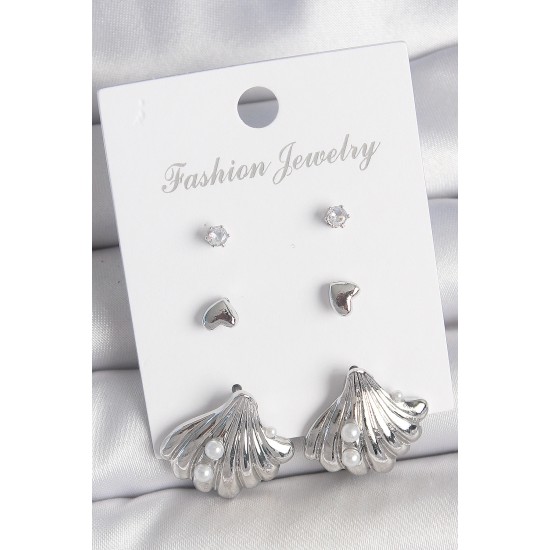 Pirinç Gümüş Renk Zirkon Taş Detaylı İnci Detaylı Deniz Kabuğu Model 3 Çift Kadın Küpe - TJ-BKP10599