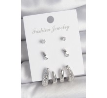 Pirinç Gümüş Renk Zirkon Taş Detaylı İşlemeli Motif Model 3 Çift Kadın Küpe Seti - TJ-BKP10600