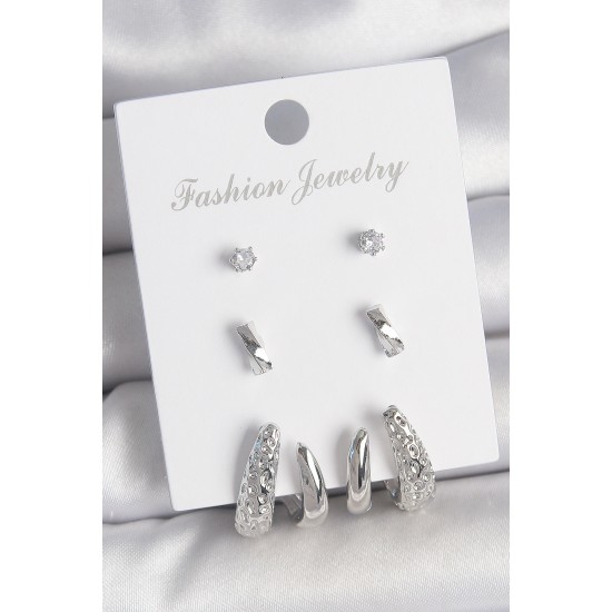 Pirinç Gümüş Renk Zirkon Taş Detaylı İşlemeli Motif Model 3 Çift Kadın Küpe Seti - TJ-BKP10600