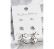 Pirinç Gümüş Renk Zirkon Taş Detaylı Fiyonk Sallantılı Kalp Model Kadın 3 Çift Kadın Küpe Seti - TJ-BKP10601