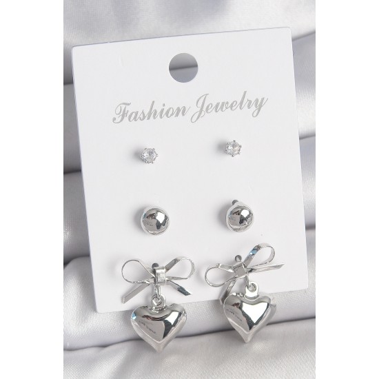 Pirinç Gümüş Renk Zirkon Taş Detaylı Fiyonk Sallantılı Kalp Model Kadın 3 Çift Kadın Küpe Seti - TJ-BKP10601