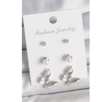 Pirinç Gümüş Renk Zirkon Taşlı İnci Detaylı Kelebek Model 3 Çift Kadın Küpe Seti - TJ-BKP10602