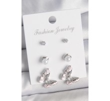 Pirinç Gümüş Renk Zirkon Taşlı İnci Detaylı Kelebek Model 3 Çift Kadın Küpe Seti - TJ-BKP10602