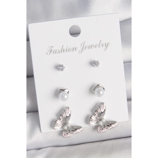 Pirinç Gümüş Renk Zirkon Taşlı İnci Detaylı Kelebek Model 3 Çift Kadın Küpe Seti - TJ-BKP10602