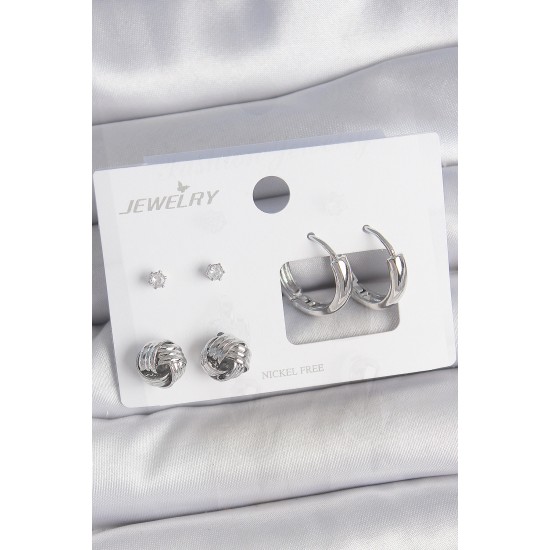 Pirinç Gümüş Renk Zirkon Taşlı Halka Model 3 Çift Kadın Küpe Seti - TJ-BKP10604