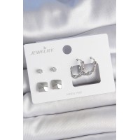 Pirinç Gümüş Renk Zirkon Taşlı Burgu Halka Model Kare Detay 3 Çift Kadın Küpe Seti TJ-BKP10605