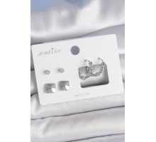 Pirinç Gümüş Renk Zirkon Taşlı Burgu Halka Model Kare Detay 3 Çift Kadın Küpe Seti - TJ-BKP10605