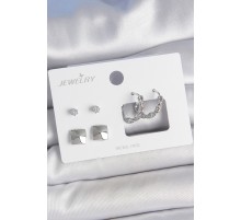 Pirinç Gümüş Renk Zirkon Taşlı Burgu Halka Model Kare Detay 3 Çift Kadın Küpe Seti - TJ-BKP10605