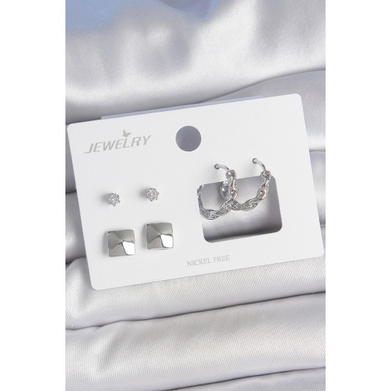 Pirinç Gümüş Renk Zirkon Taşlı Burgu Halka Model Kare Detay 3 Çift Kadın Küpe Seti - TJ-BKP10605