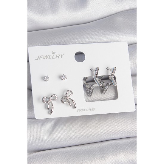 Pirinç Gümüş Renk Zirkon Taşlı Yıldız Model Fiyonk Detay 3 Çift Kadın Küpe Seti - TJ-BKP10606