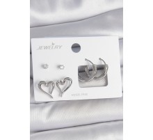 Pirinç Gümüş Renk Zirkon Taşlı Halka Model Kalp Detay 3 Çift Kadın Küpe Seti - TJ-BKP10607