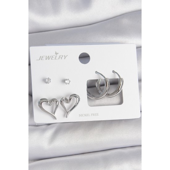 Pirinç Gümüş Renk Zirkon Taşlı Halka Model Kalp Detay 3 Çift Kadın Küpe Seti - TJ-BKP10607