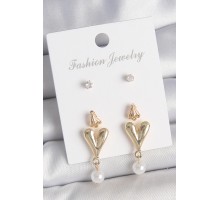 Pirinç Gold Renk Zirkon Taşlı İncili Sallantılı Kalp Model 3 Çift Kadın Küpe Seti - TJ-BKP10608