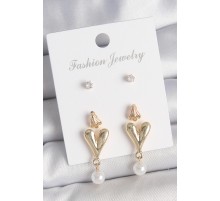 Pirinç Gold Renk Zirkon Taşlı İncili Sallantılı Kalp Model 3 Çift Kadın Küpe Seti - TJ-BKP10608