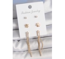 Pirinç Gold Renk Zirkon Taşlı Sallantılı Model Kar Tanesi Detay 3 Çift Kadın Küpe Seti - TJ-BKP10609