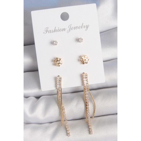 Pirinç Gold Renk Zirkon Taşlı Sallantılı Model Kar Tanesi Detay 3 Çift Kadın Küpe Seti - TJ-BKP10609