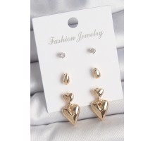 Pirinç Gold Renk Zirkon Taşlı Sallantılı Kalp Model 3 Çift Kadın Küpe Seti - TJ-BKP10610