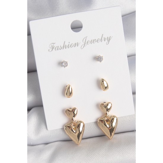Pirinç Gold Renk Zirkon Taşlı Sallantılı Kalp Model 3 Çift Kadın Küpe Seti - TJ-BKP10610