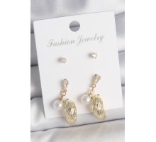 Pirinç Gold Renk Zirkon Taşlı İncili Sallantılı İşlemeli Damla Model 3 Çift Kadın Küpe Seti - TJ-BKP10611