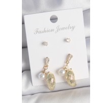 Pirinç Gold Renk Zirkon Taşlı İncili Sallantılı İşlemeli Damla Model 3 Çift Kadın Küpe Seti - TJ-BKP10611