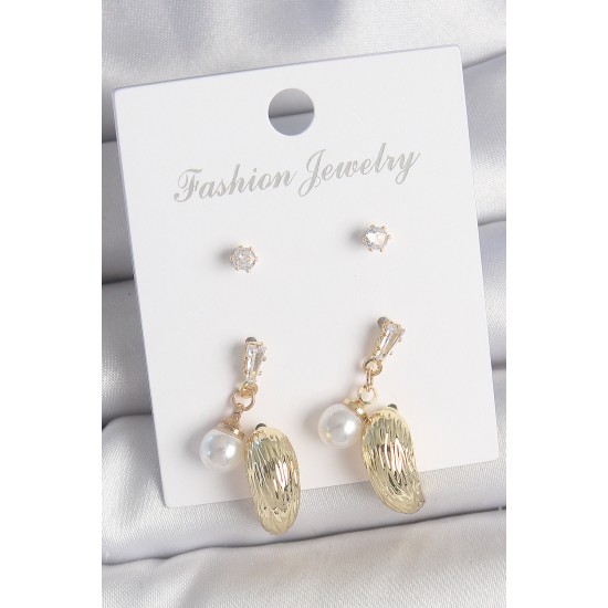 Pirinç Gold Renk Zirkon Taşlı İncili Sallantılı İşlemeli Damla Model 3 Çift Kadın Küpe Seti - TJ-BKP10611