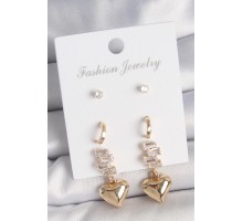 Pirinç Gold Renk Zirkon Taşlı Sallantılı Kalp Model Yarım Halka Detay 3 Çift Kadın Küpe Seti - TJ-BKP10612