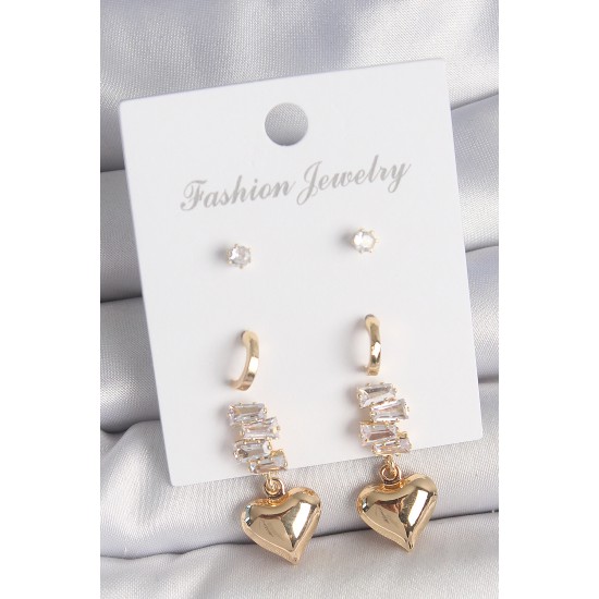 Pirinç Gold Renk Zirkon Taşlı Sallantılı Kalp Model Yarım Halka Detay 3 Çift Kadın Küpe Seti - TJ-BKP10612