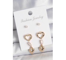 Pirinç Gold Renk Zirkon Taşlı Sallantı Kalp Model Kadın 3 Çift Küpe Seti - TJ-BKP10613
