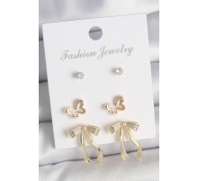 Pirinç Gold Renk Zirkon Taşlı Fiyonk Model Kelebek Detay 3 Çift Kadın Küpe Seti - TJ-BKP10615