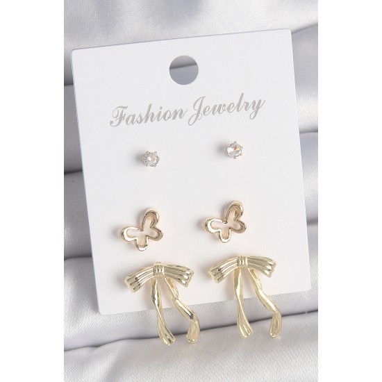 Pirinç Gold Renk Zirkon Taşlı Fiyonk Model Kelebek Detay 3 Çift Kadın Küpe Seti - TJ-BKP10615