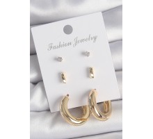 Pirinç Gold Renk Zirkon Taşlı Halka Model 3 Çift Kadın Küpe Seti - TJ-BKP10616