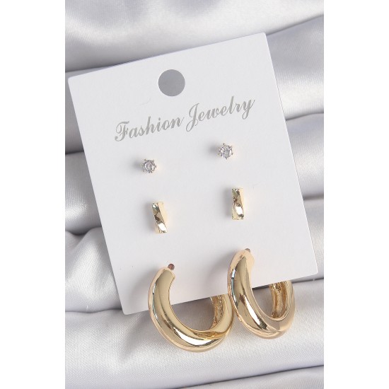 Pirinç Gold Renk Zirkon Taşlı Halka Model 3 Çift Kadın Küpe Seti - TJ-BKP10616