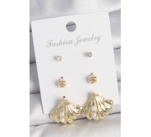 Pirinç Gold Renk Zirkon Taşlı İnci Detaylı Deniz Kabuğu Model 3 Çift Kadın Küpe Seti - TJ-BKP10617