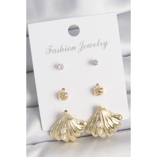Pirinç Gold Renk Zirkon Taşlı İnci Detaylı Deniz Kabuğu Model 3 Çift Kadın Küpe Seti - TJ-BKP10617