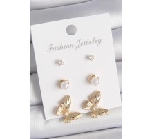 Pirinç Gold Renk Zirkon Taşlı İşlemeli Motif Model 3 Çift Kadın Küpe Seti - TJ-BKP10619