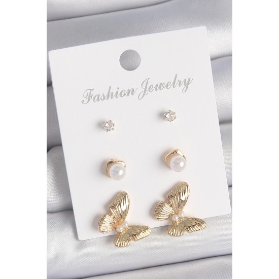 Pirinç Gold Renk Zirkon Taşlı İşlemeli Motif Model 3 Çift Kadın Küpe Seti - TJ-BKP10619