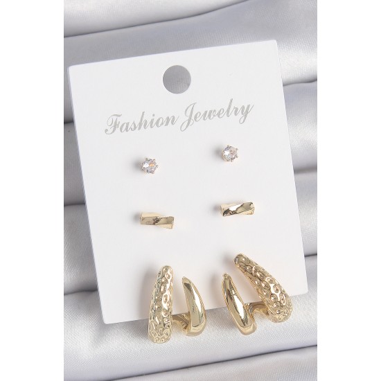 Pirinç Gold Renk Zirkon Taşlı İncili Kelebek Model 3 Çift Kadın Küpe Seti - TJ-BKP10618
