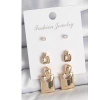Pirinç Gold Renk Zirkon Taşlı Sallantılı Kare Model 3 Çift Kadın Küpe Seti - TJ-BKP10620