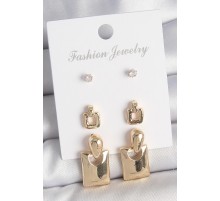 Pirinç Gold Renk Zirkon Taşlı Sallantılı Kare Model 3 Çift Kadın Küpe Seti - TJ-BKP10620