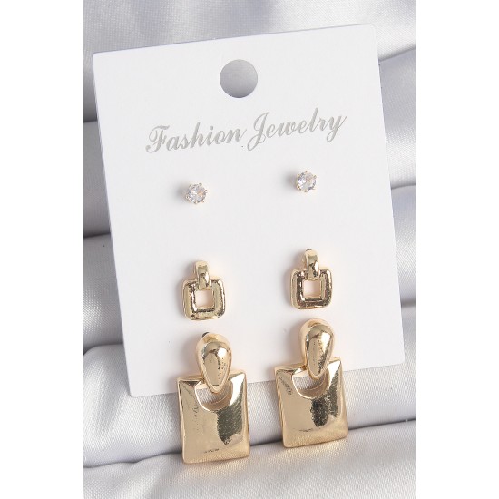 Pirinç Gold Renk Zirkon Taşlı Sallantılı Kare Model 3 Çift Kadın Küpe Seti - TJ-BKP10620