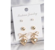 Pirinç Gold Renk Zirkon Taşlı Kurdele Sallantılı Kalp Model 3 Çift Kadın Küpe Seti - TJ-BKP10621