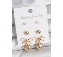 Pirinç Gold Renk Zirkon Taşlı Kurdele Sallantılı Kalp Model 3 Çift Kadın Küpe Seti - TJ-BKP10621