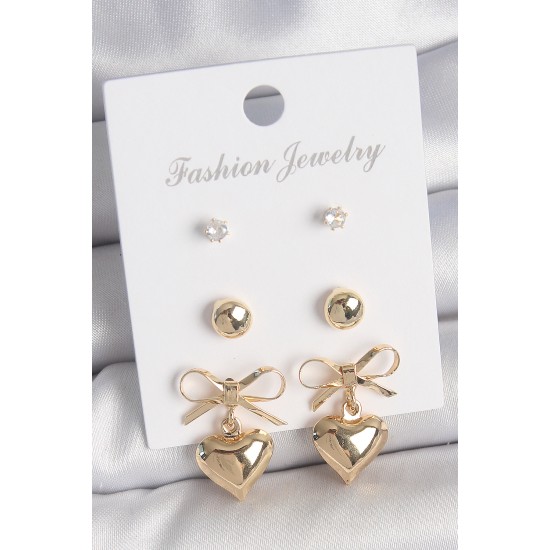 Pirinç Gold Renk Zirkon Taşlı Kurdele Sallantılı Kalp Model 3 Çift Kadın Küpe Seti - TJ-BKP10621