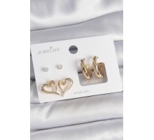 Pirinç Gold Renk Zirkon Taşlı Halka Model Kalp Detay 3 Çift Kadın Küpe Seti - TJ-BKP10622